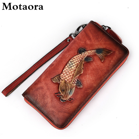 Motaora-cartera Retro de piel auténtica para mujer, Cartera de piel auténtica para Nueva pulsera, bolsa para teléfono móvil con cremallera, con grabado de pez dorado ► Foto 1/6