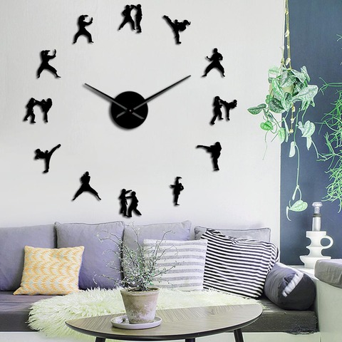 Reloj de pared grande de Karate y Taekwondo, espejo de lucha de atletas, pegatinas de pared, reloj de pared, relojes de decoración para sala de estar ► Foto 1/6