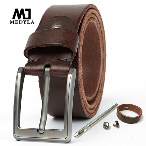 MEDYLA-Cinturón de piel de vaca auténtica italiana para hombre, hebilla de acero cepillado, suave, original, informal ► Foto 1/6