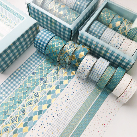 10 unidades/juego de cintas adhesivas decorativas para Scrapbooking, conjunto de cintas Washi de color dorado y azul Serie con motivos geométricos, papel adhesivo de papelería japonés ► Foto 1/6