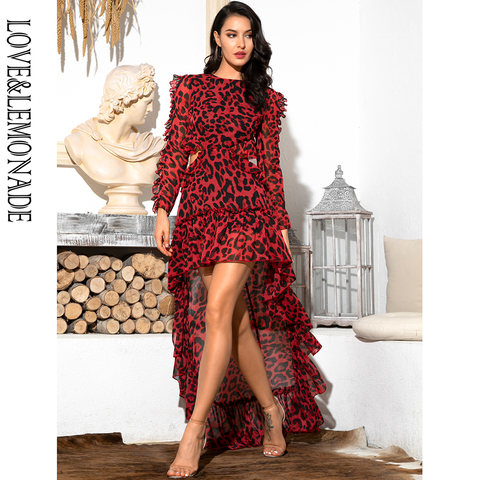 Vestido de gasa de leopardo de mangas largas, sexi, con la espalda abierta, color rojo, LM81503 ► Foto 1/6