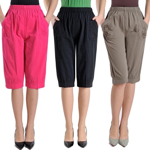 Pantalones rectos de cintura alta de talla grande para mujer de mediana edad de moda Color sólido holgado hasta la pantorrilla pantalones Capris casuales de verano para mujer ► Foto 1/6