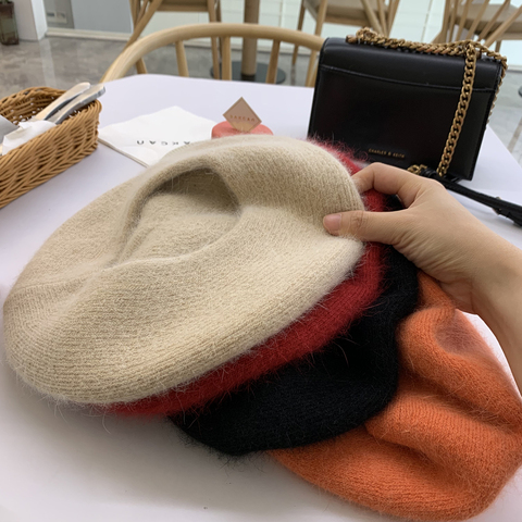 Rancyword-boina de estilo francés para mujer, Boina Lisa informal de estilo francés, gorro liso de conejo de Angora, Boina cálida de Color sólido para invierno ► Foto 1/6