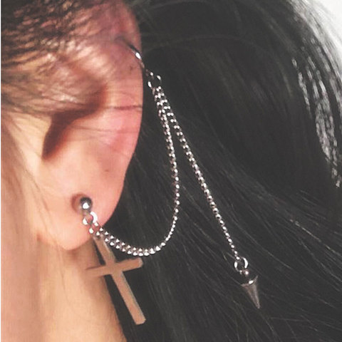 Recién llegado, Piercing Punk falso para cartílago, pendientes de Clip para oreja, pendientes de aro pequeños con Cruz con pendientes tipo cadena, oreja única ► Foto 1/6