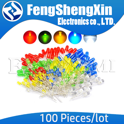 LED rojo, verde, amarillo, azul, blanco, F3, F5, 3mm, 5mm, 100 unids/lote ► Foto 1/1