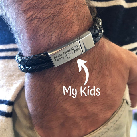 Pulseras de acero inoxidable con nombre de identificación personalizado para hombre, pulsera de cuero genuino con hebilla magnética trenzada, regalo de cumpleaños ► Foto 1/6