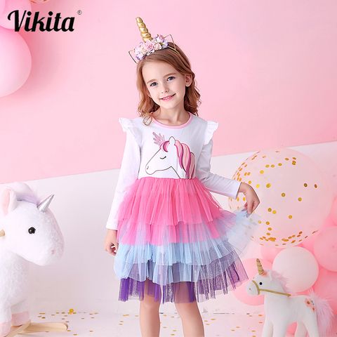 Vestidos de princesa para niñas VIKITA Vestidos de dibujos animados para niños Vestidos de otoño para niñas Vestidos de unicornios de manga larga ► Foto 1/6