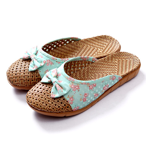 Suihyung-Zapatillas de lino transpirables para mujer, zapatos de playa sin cordones para el hogar, chanclas informales con lazo Floral ► Foto 1/1