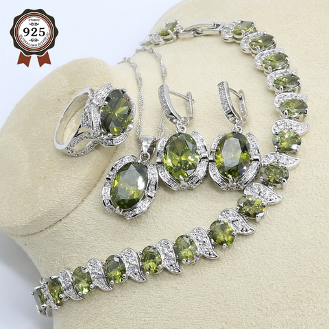 Zircon verde olivo de Color de plata conjunto de joyas para las mujeres con pendientes de pulsera de COLLAR COLGANTE anillo regalo de cumpleaños ► Foto 1/6