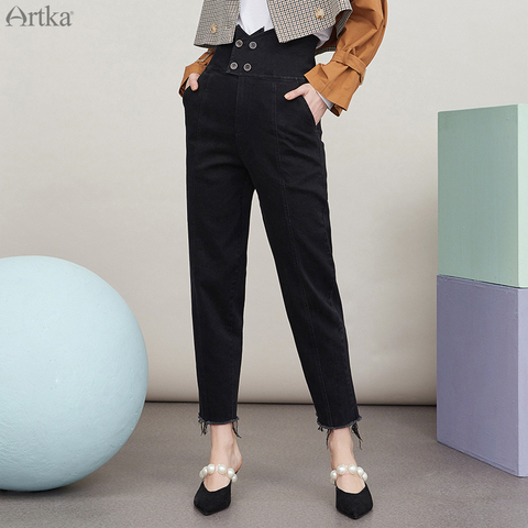 ARTKA-pantalones vaqueros de cintura alta para mujer, pantalón negro con doble botonadura, recto, KN25004Q, novedad de otoño 2022 ► Foto 1/6