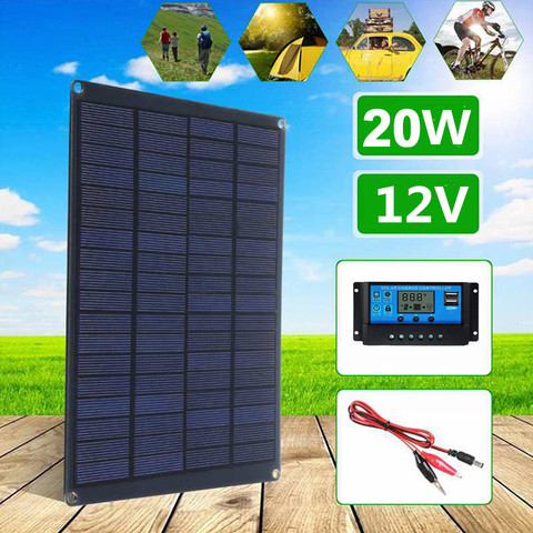 Panel Solar monocristalino de 20W con Clip de batería y controlador de 20A, células solares de 18V para exteriores, Camping, senderismo, cargador de coche ► Foto 1/6