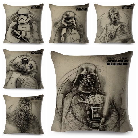 Funda de cojín de la película Star Wars, 45x45cm, Yoda, Darth Vader, salpicaduras de felpa, suave, almohada de decoración del hogar, funda de juguete ► Foto 1/6