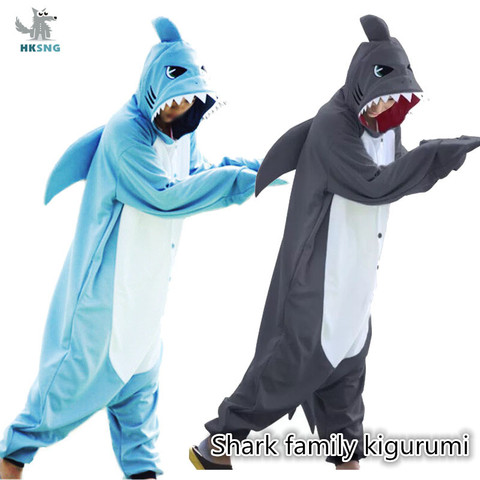 Kigurumi-Pijama de tiburón azul Unisex para adulto, mono de dibujos animados de lana suave, para Halloween y fiesta familiar ► Foto 1/6