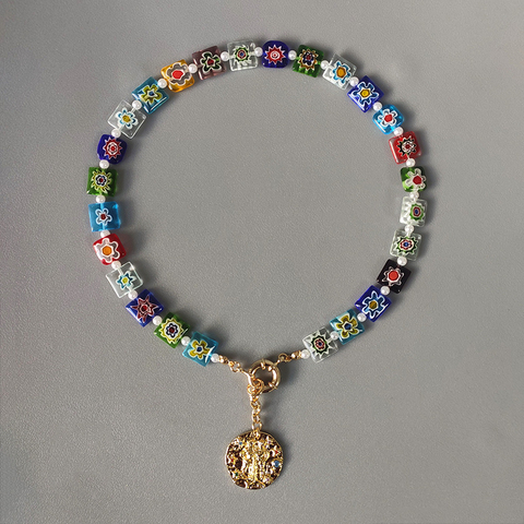 Collar de cuentas Millefiori para mujer, accesorios de ropa a la moda colgantes, Gargantilla con abalorio bohemio, regalo de Navidad, bizutería, Invierno 2022 ► Foto 1/6