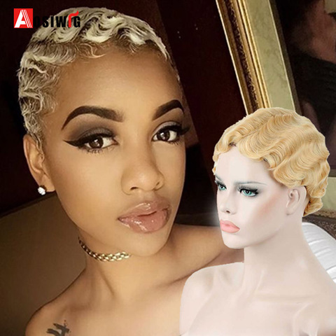AOSIWIG Short Curly Black Cute Wig Black Finger Waves African Afro Hair Synthetic Wigs For Black Women Heat Resistant ► Foto 1/6