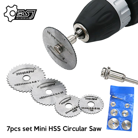 Juego de 7 Uds de Mini hoja de sierra Circular HSS herramienta rotativa para dremel cortador de Metal conjunto de herramientas eléctricas discos de corte de madera mandril de corte ► Foto 1/6