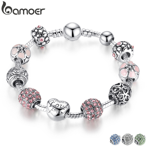 BAMOER-Pulsera y brazalete con abalorio bañado en plata para mujer, con cuentas de amor y flor para mujer, joyería de boda en 4 colores 18CM 20CM, 21CM PA1455 ► Foto 1/5