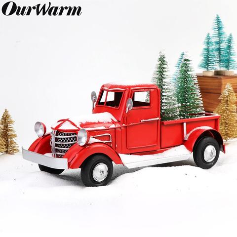 OurWarm-camioneta de Metal roja de Navidad para el hogar, Decoración de mesa Vintage, camión, camioneta roja, árbol de Navidad, decoración superior ► Foto 1/6
