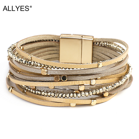 ALLYES champán pulseras de cuero genuino para mujeres Boho metálico multicapa encanto perlas de resina de pulseras de joyería de moda ► Foto 1/6