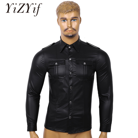 Camisas de manga larga con botones para hombre, camisas ajustadas para Club nocturno, tendencia, aspecto húmedo, cuello vuelto de charol, ropa de Club de baile ► Foto 1/6