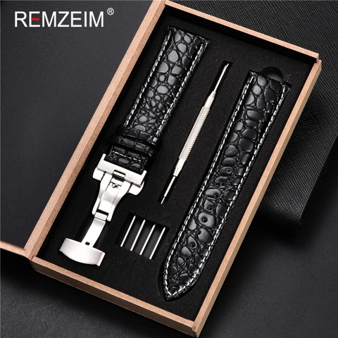 REMZEIM-correa de Reloj de piel de ternero para hombre y mujer, accesorios de pulsera, 18mm, 19mm, 20mm, 21mm, 22mm y 24mm ► Foto 1/6