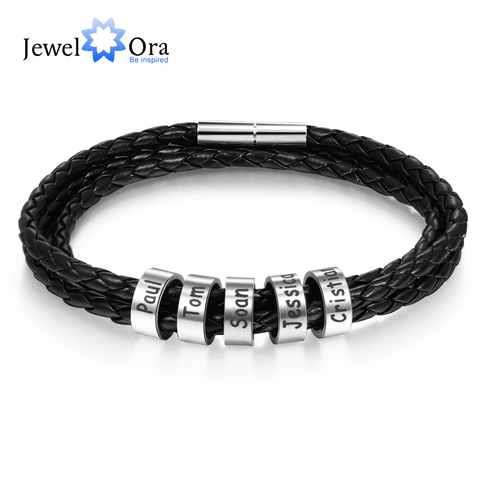 Pulsera personalizable de cuero y cuentas de acero inoxidable para hombre, brazalete con abalorios, piel, de 2 a 5 nombres, regalo para novio ► Foto 1/6