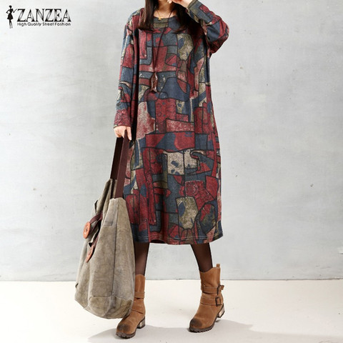 ZANZEA-Vestidos Vintage con estampado Floral para mujer, Vestido holgado informal elegante de manga larga con cuello redondo y media pantorrilla de talla grande para Otoño del 2022 ► Foto 1/6