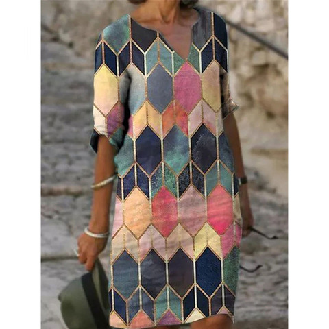 Vestido holgado informal de media manga con cuello de pico para primavera y otoño, traje playero de talla grande ► Foto 1/6