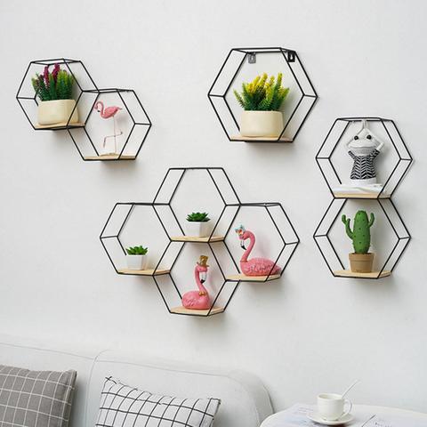 Soporte de hierro Hexagonal doble de estilo nórdico, soporte de pared pequeño para maceta, estante de pared, decoración, almacenamiento para el hogar, negro/dorado ► Foto 1/1