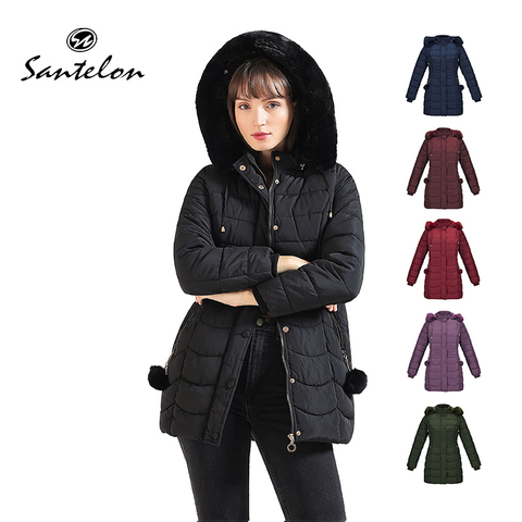 SANTELON-Chaqueta acolchada de gran tamaño para mujer, Abrigo con capucha de piel esponjosa, ropa larga de talla grande, Parka, ropa cálida, Bola de piel S20004, 2022 ► Foto 1/6