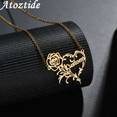 Atoztide-collar romántico con nombre de corazón rosa, colgante de placa con nombre personalizado de acero inoxidable, joyería personalizada ► Foto 1/6