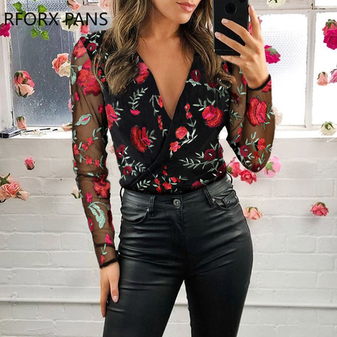 De malla Floral bordado Blusa con caída Tops y blusas para mujer ► Foto 1/3