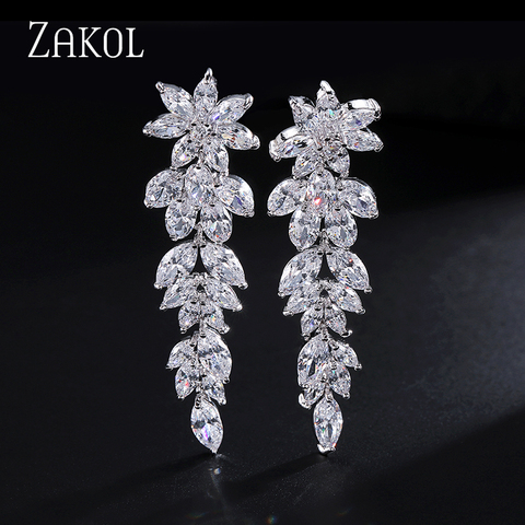 ZAKOL-pendientes largos de circonia cúbica con forma de flor, Pendientes colgantes de lujo para novias, joyería de boda, FSEP005 ► Foto 1/6