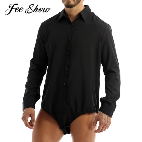 Mono negro de manga larga con botón de presión y entrepierna abierta para hombre, traje de una pieza, camisa, Tops, Color sólido, informal ► Foto 1/6