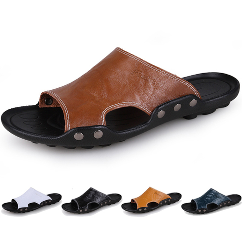 Zapatilla de cuero auténtico de los hombres de verano Zapatos casuales al aire libre Flip Flops interior antideslizante plano negro, moda de playa, diapositivas de tamaño 36-46 ► Foto 1/6