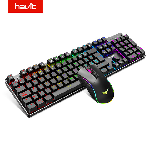 Havit Teclado mecánico para jugar y ratón Combo Blue Switch 104 teclas Rainbow teclados iluminados, 4800DPI 7 botón ratón alámbrico ► Foto 1/6