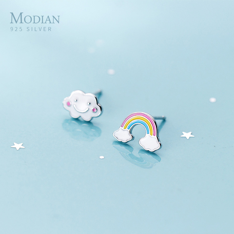 MODIAN-pendientes de plata de ley 925 con diseño de nubes y arcoíris, joyería fina asimétrica, con esmalte colorido, para mujeres ► Foto 1/5