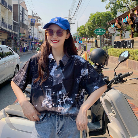 Top informal holgado básico con estampado de letras para mujer, camisas de manga corta con cuello vuelto de gasa para verano 2022 ► Foto 1/6