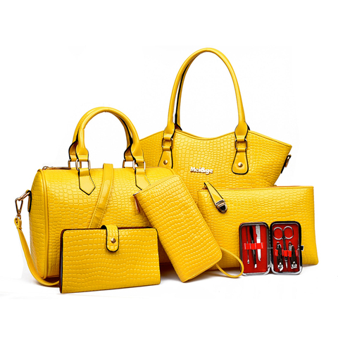 Conjunto de bolsos de charol para mujer, bolso bandolera de moda, bolso grande de cocodrilo, bolso de mano amarillo compuesto, 6 uds. ► Foto 1/6