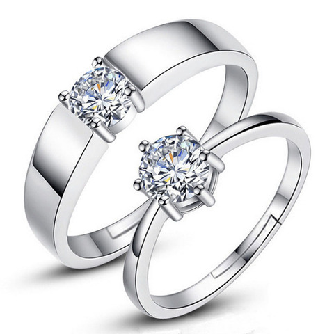 Anillo de compromiso con diamantes de imitación para mujer y hombre, sortija ajustable de circonita, color plata, para boda ► Foto 1/3