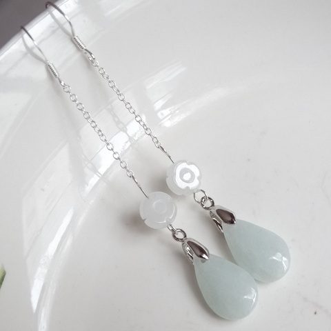 Pendientes de plata de ley 925 con forma de gota de agua, pendientes circulares de Jade, Esmeralda Natural, accesorios hechos a mano, para mujeres ► Foto 1/5