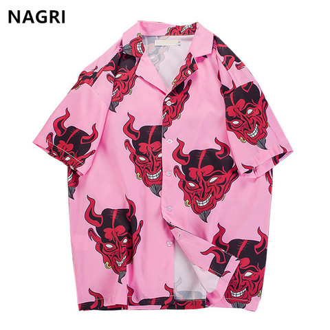 Hip hop streetwear camisas hombres Devil estampado completo de manga corta de verano floral rapero harajuku suelta hawaiana camisas coreanas ► Foto 1/6