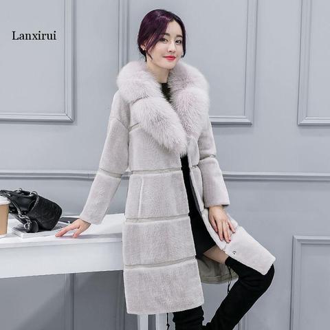 Abrigos de piel para mujer 2022 Faux Fox Fur Collar invierno moda gris Faux Fur abrigo mujer chaqueta de piel elegante grueso prendas de Vestir exteriores caliente ► Foto 1/6