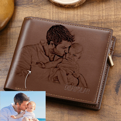 Billetera de cuero con grabado para el Día del Padre, monedero pequeño, entallado, con texto tallado en Imagen personalizada, para el Día del Padre ► Foto 1/1