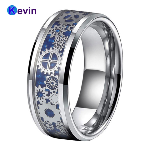 Anillo de carburo de tungsteno con base de fibra de carbono azul con incrustaciones de rueda dentada Steampunk para hombre y mujer ► Foto 1/6