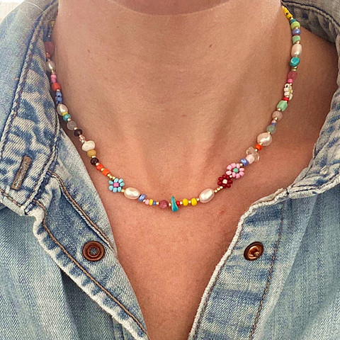 Bohemio de vidrio cuenta de arroz collar de perlas naturales de las mujeres corto collar de la joyería del encanto hecho a mano regalo de Navidad chica ► Foto 1/6