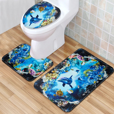 Alfombra de baño 3D con diseño de delfín, accesorios para el baño, felpudo antideslizante, 45x75cm, 3 piezas ► Foto 1/6