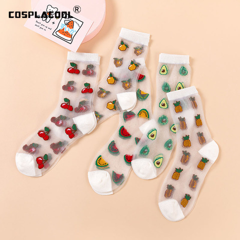 Calcetines transparentes con diseño de frutas para Mujer, medias divertidas para Mujer, diseño Kawaii, cereza, aguacate, naranja, Harajuku, de seda de vidrio fino, bonitos ► Foto 1/6