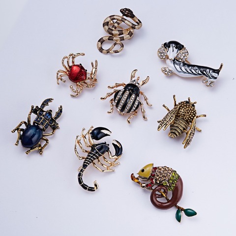 Broches de serpiente esmaltada Estilo Vintage para hombre y mujer, broches de escarabajo, lagarto, escorpión, lagarto, erizo, chinches creativos, regalo de prendedores de cristal ► Foto 1/6