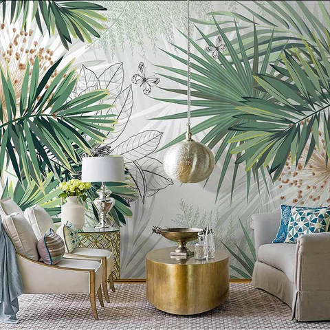 Mural de pared 3D personalizado para sala de estar y dormitorio, papel pintado a mano con plantas tropicales, hojas de palma de selva Tropical, papel tapiz fotográfico para decoración de dormitorio ► Foto 1/6